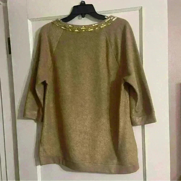 Chico's Gold Metallic Sweater Size 0 Jeweled Neckline 3/4 Sleeve Shimmer Holiday - Picture 9 of 15